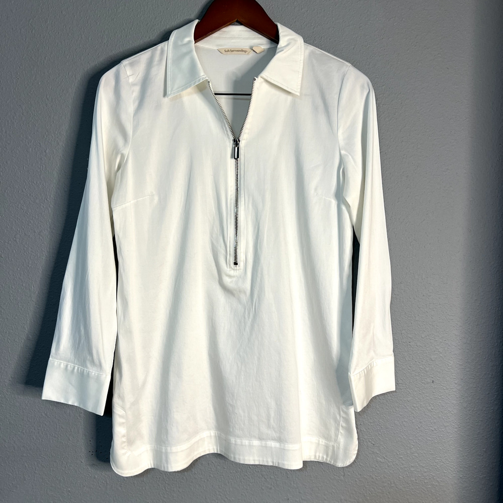 Soft Surroundings Womens XS Tunic Top White Relaxed 1/2 Zip Long Sleeve Career